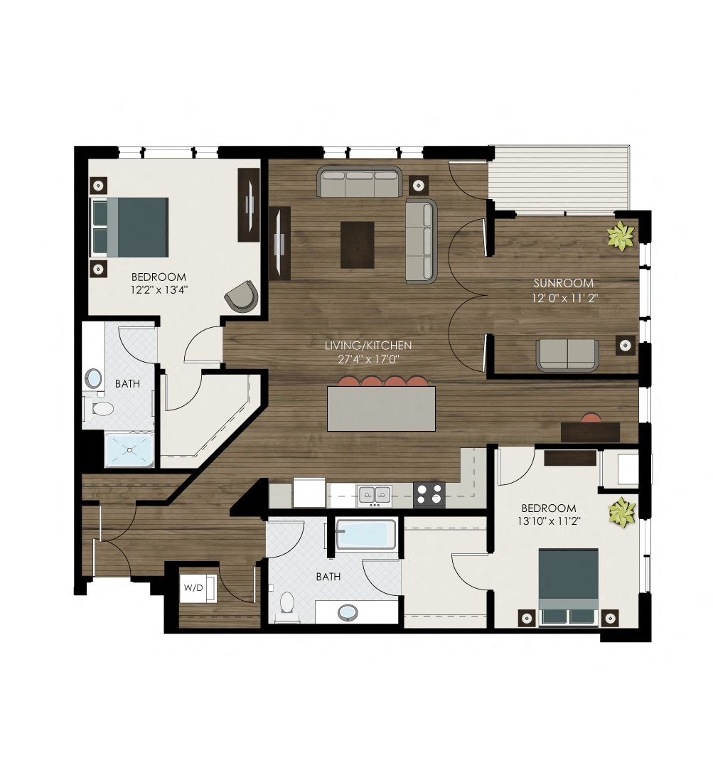 Floor plan for 2 beds, 2 baths, 1579 sqft